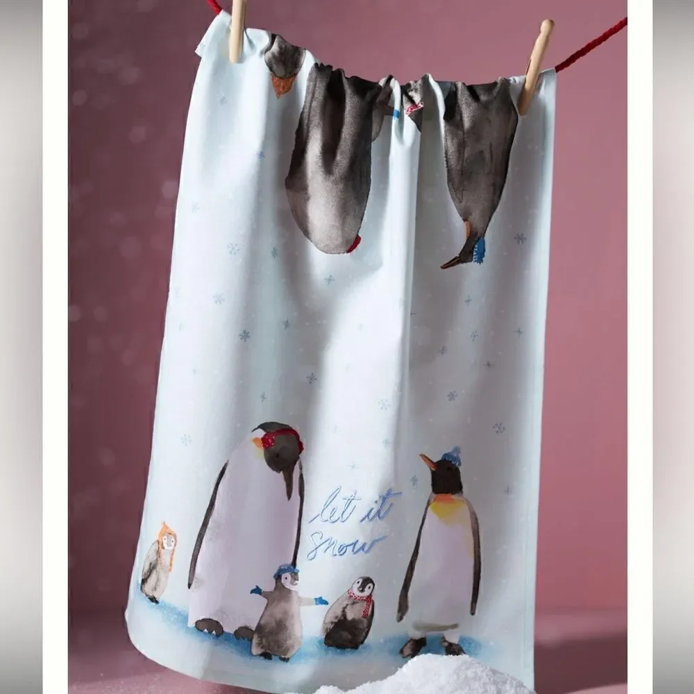 NWT ANTHROPOLOGIE Let It Snow Penguin Dish Towel Sky
